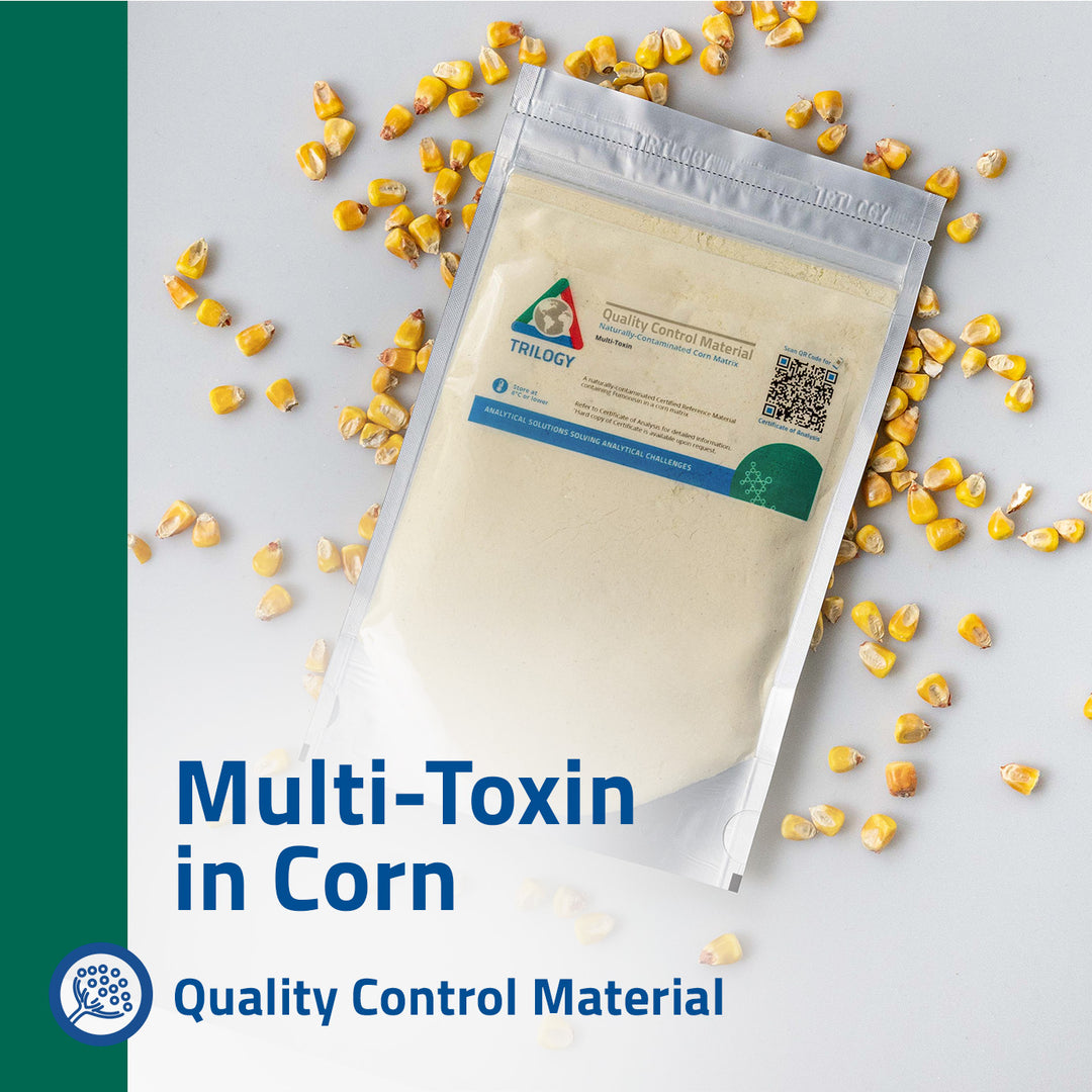 Aflatoxin B1/B2/G1/G2, Deoxynivalenol, Fumonisin B1/B2/B3, Ochratoxin A, T-2 Toxin, HT-2 Toxin and Zearalenone in Corn Quality Control Material